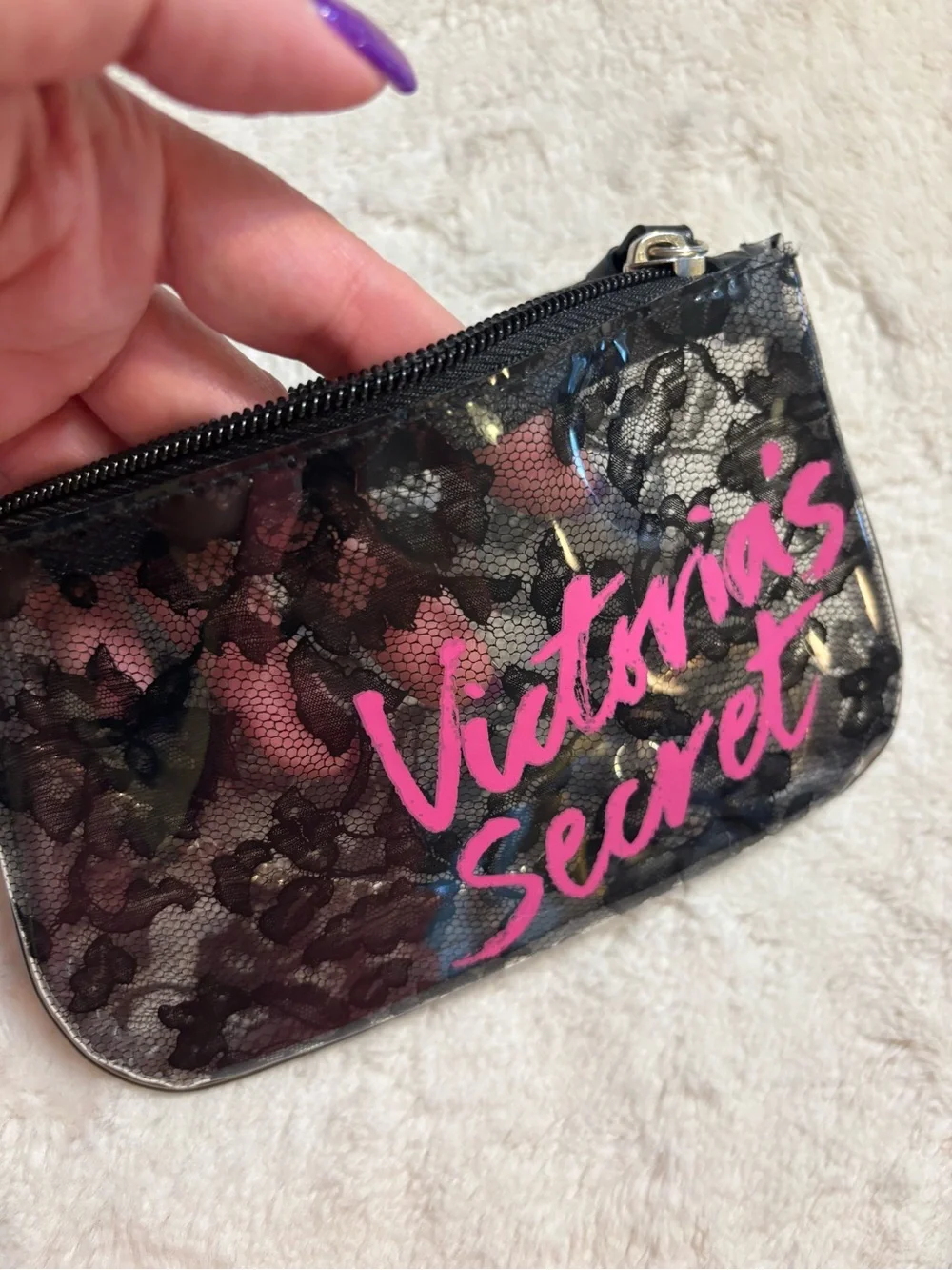 🇺🇸 Victoria's Secret Pouch Mini Bag Black Lace Pink Script Cosmetic Keychain